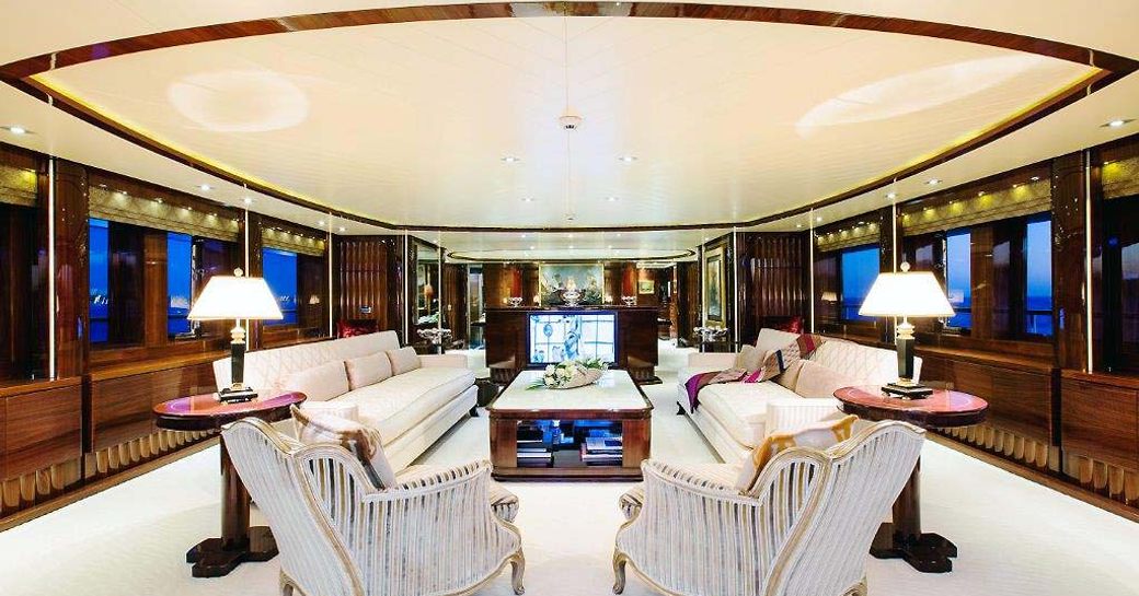 sophisticated seating area in the main salon of superyacht VICTORY
