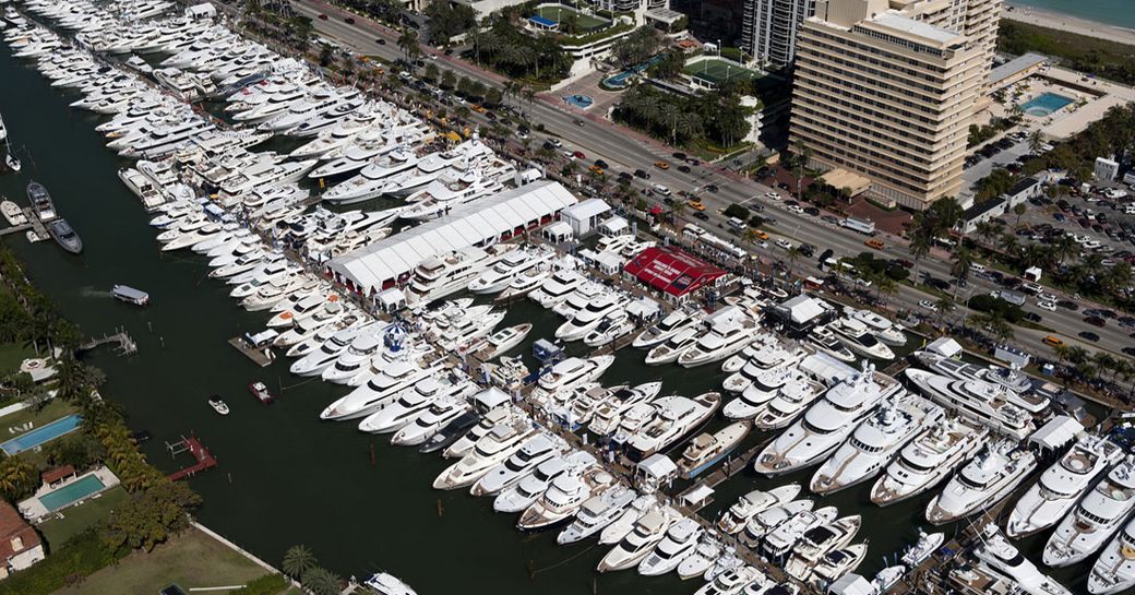 A collection of superyachts assembled for the Yachts Miami Beach show