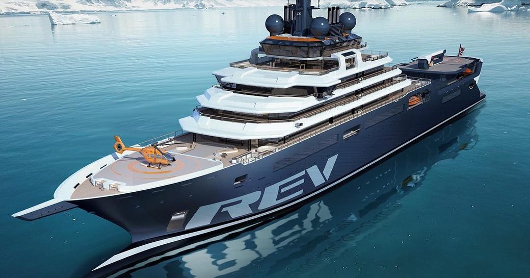 REV rendering of yacht in the Arctic, with helicopter on bow and icy landscapes surrounding