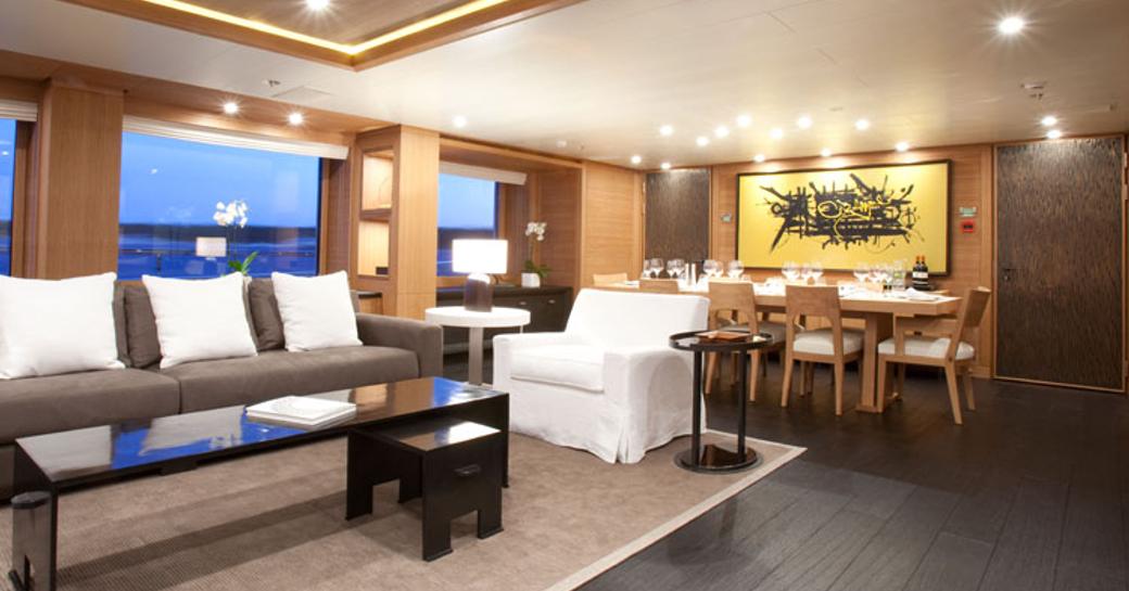lounge and dining area on in main salon of luxury yacht SPIRIT 