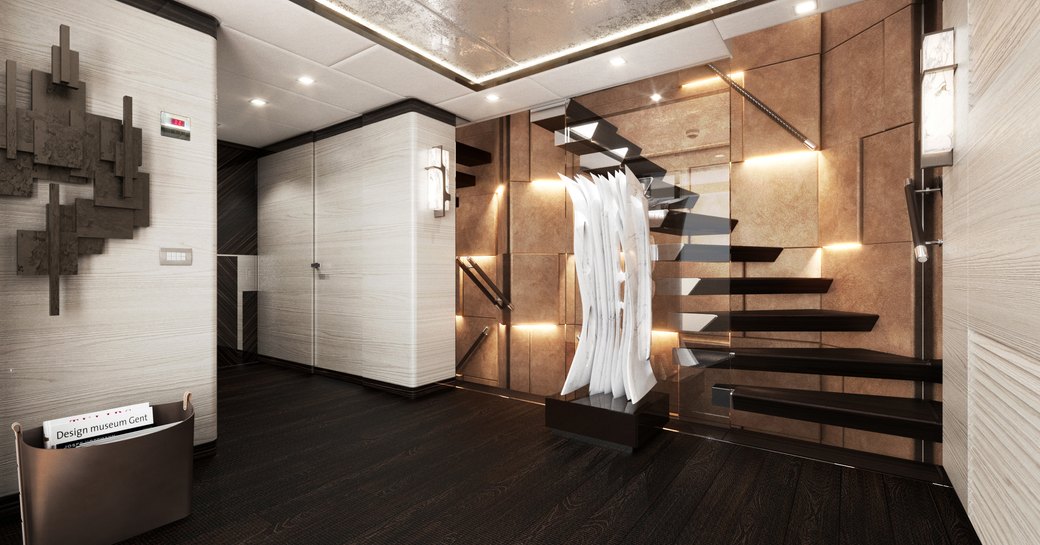Overview rendering of a staircase onboard Heesen superyacht Project Orion.