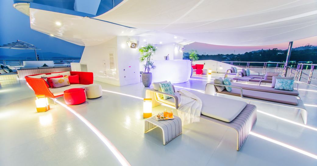 Sundeck seating areas on luxury yacht SALUZI