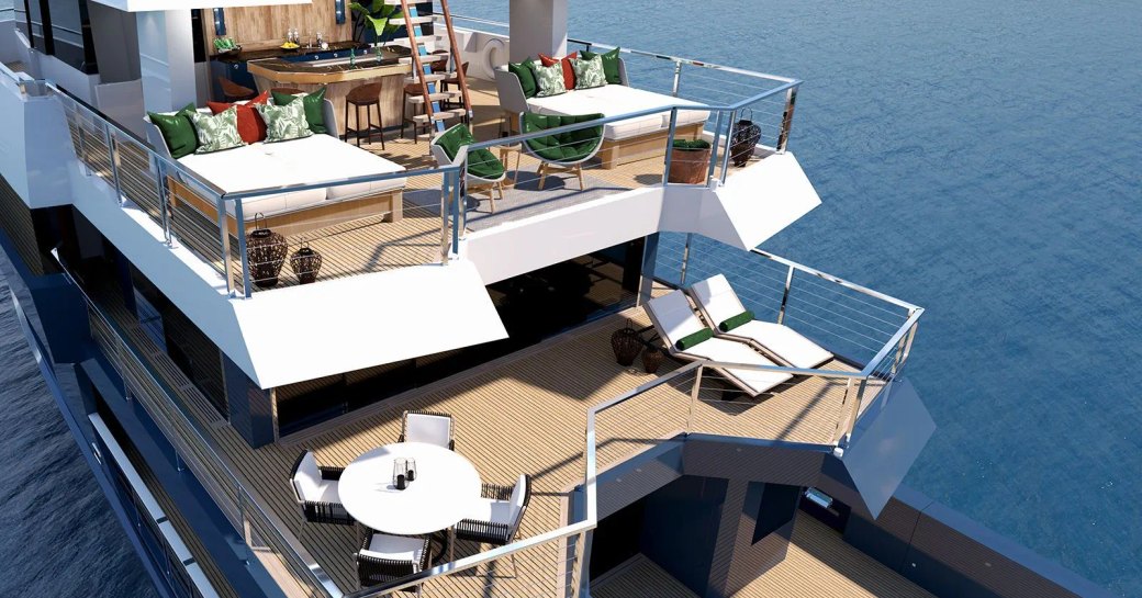 Overview of the aft decks onboard charter yacht KING BENJI, alfresco dining and lounge options visible