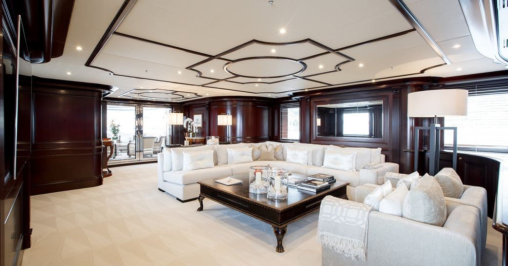 timeless interior styling in the main salon of motor yacht ELENI