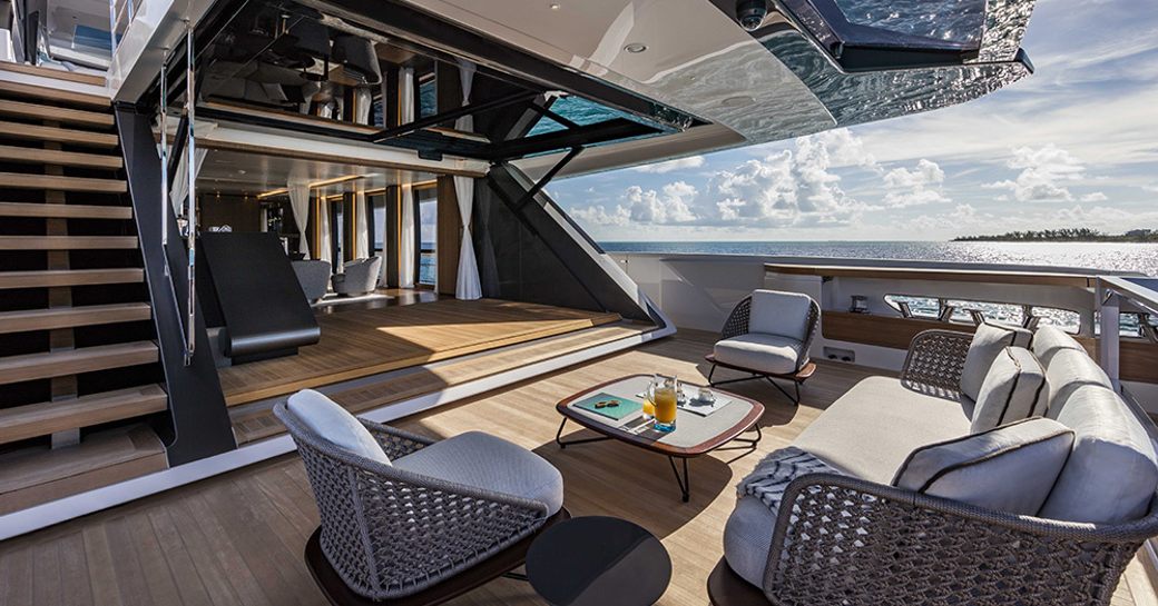 indoor outdoor seating on board luxury yacht vista blue