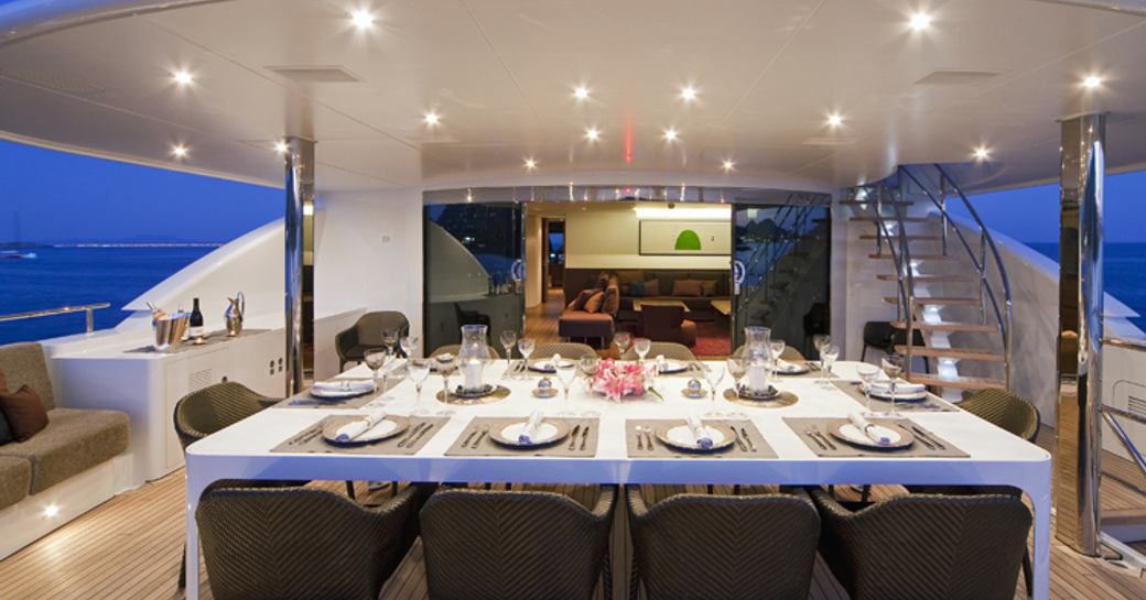 alfresco dining on upper deck aft of luxury yacht JEMS