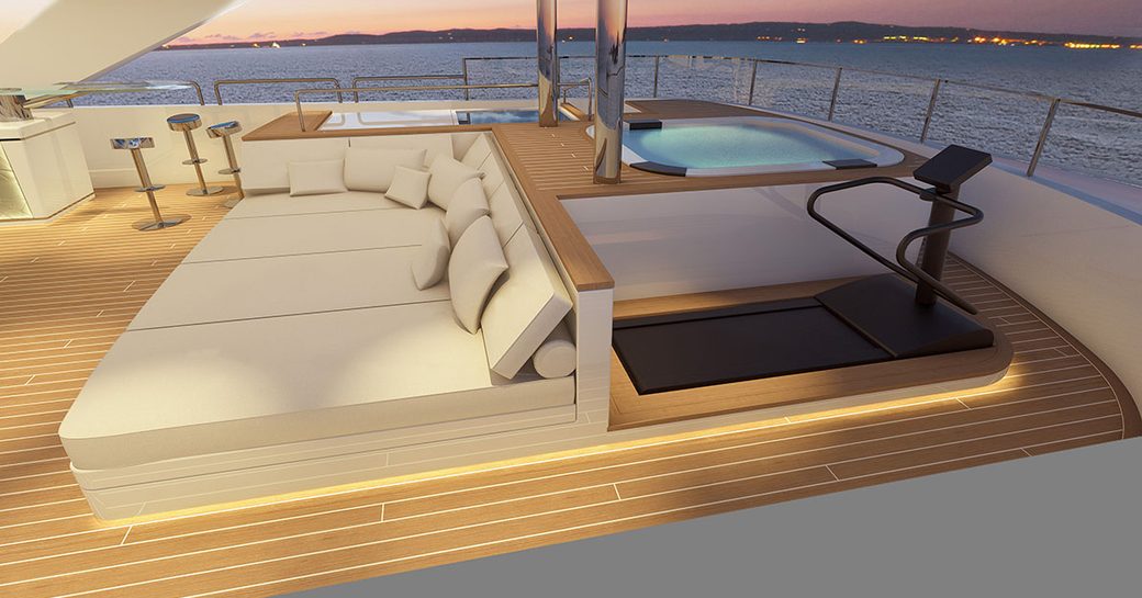 the spacious sun deck on charter yacht scorpion overlooking the Mediterranean from the crowning point fit with Jacuzzi and treadmill