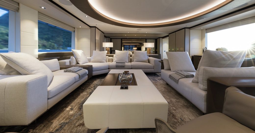 relaxing yet sophisticated lounge in the main salon of superyacht LAURENTIA 
