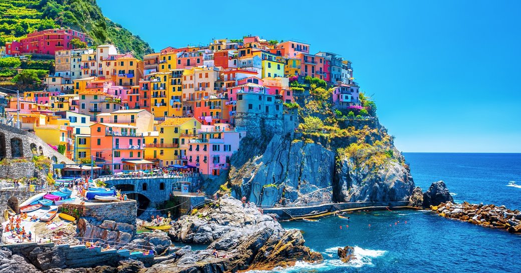 Town on Italian coast with Mediterranean sea on the shore