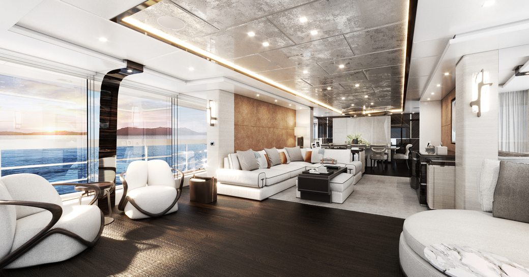 Main salon rendering for Heesen superyacht Project Orion, with white sofa and armchairs to port side.