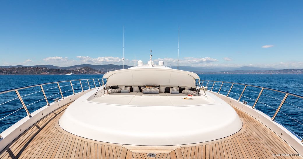 Sunpads on her bow on board charter yacht BEACHOUSE