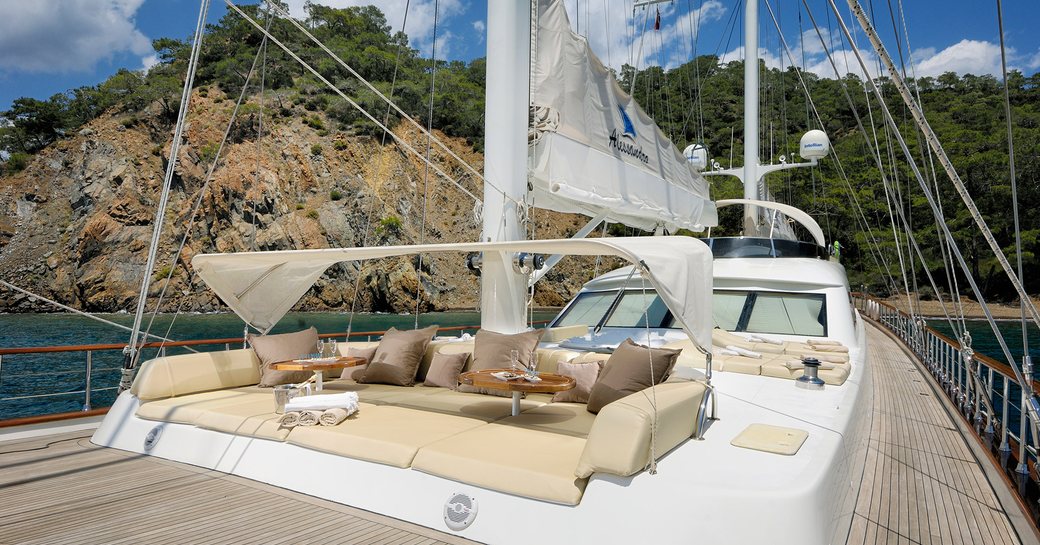 Overview of the sun pad onboard sailing yacht charter ALESSANDRO I