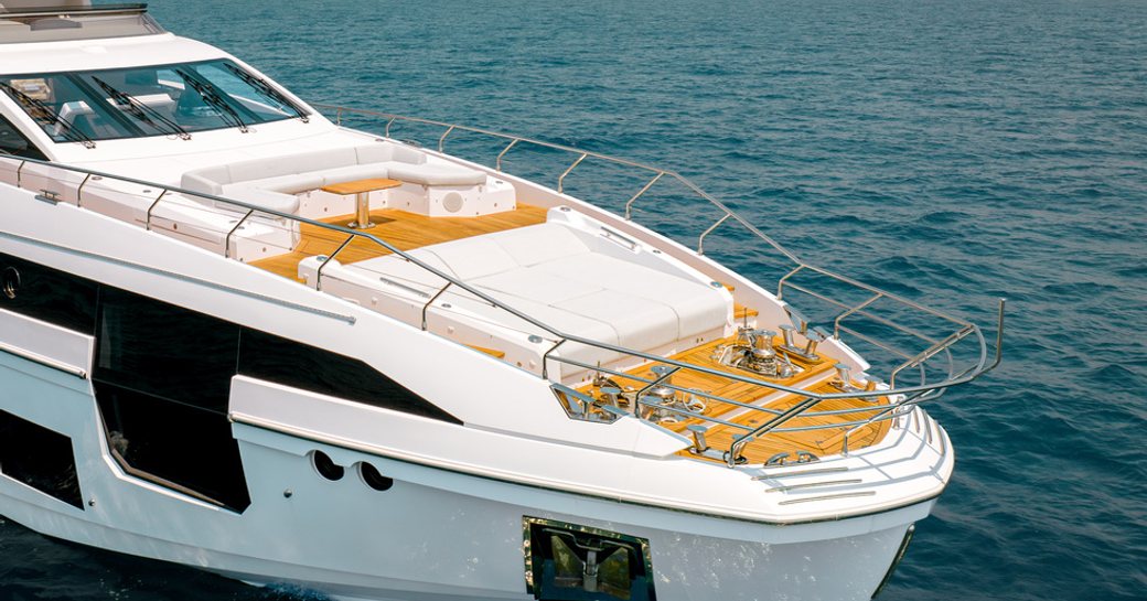 Overview of the bow onboard charter yacht VESTA, with central sun pads 