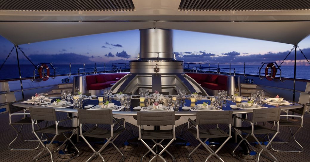 The exterior dining area on board sailing yacht 'Maltese Falcon'