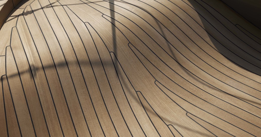 Close up view of teak decking onboard the superyacht OBSIDIAN