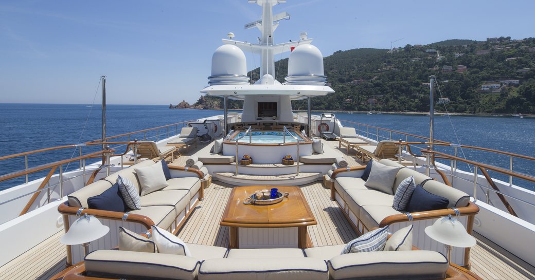 lounge, Jacuzzi and radar arch on sundeck of luxury yacht KATHARINE 