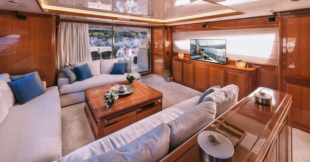 Interior lounge in the main salon onboard charter yacht ELVI
