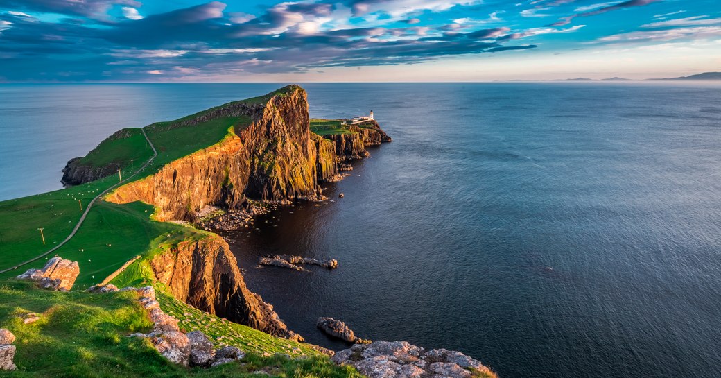 beautiful cliffs and blue water on Scotland coastline