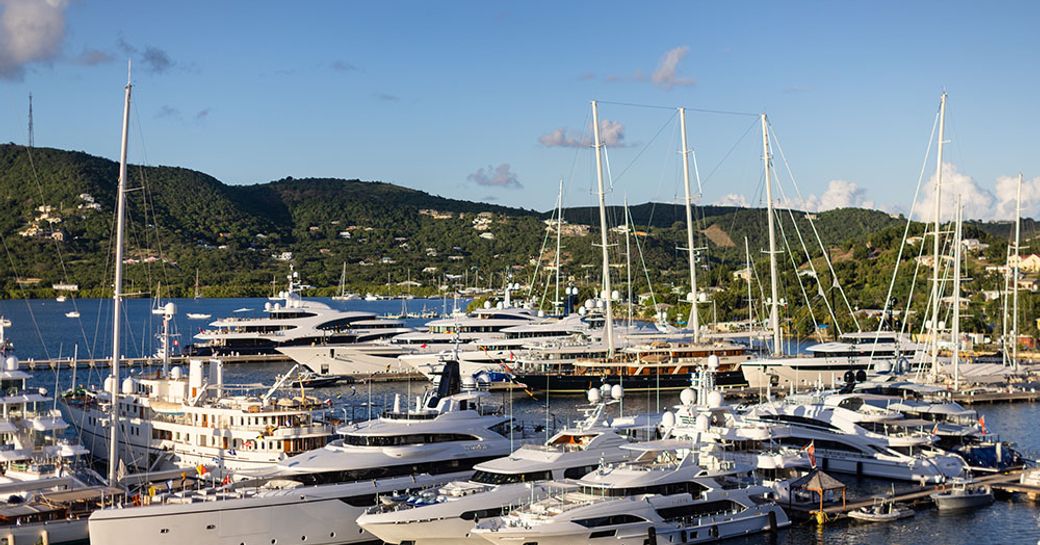 Superyachts berthed in the marina during the Antigua Charter Yacht Show