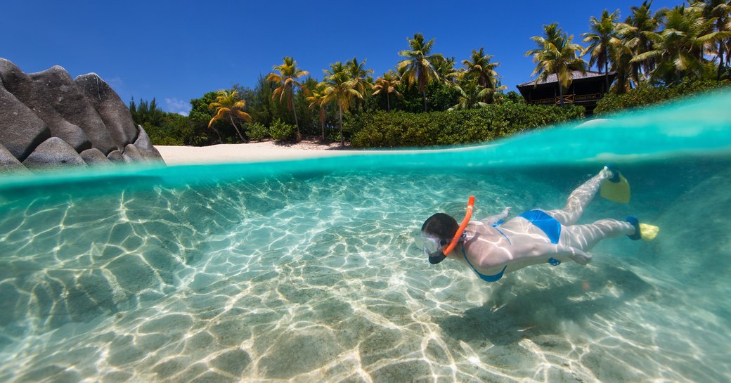 Man snorkels in the Virgin Islands in the Caribbean
