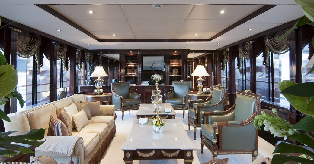 lavish main salon on board superyacht ‘Ionian Princess’ with lounge area