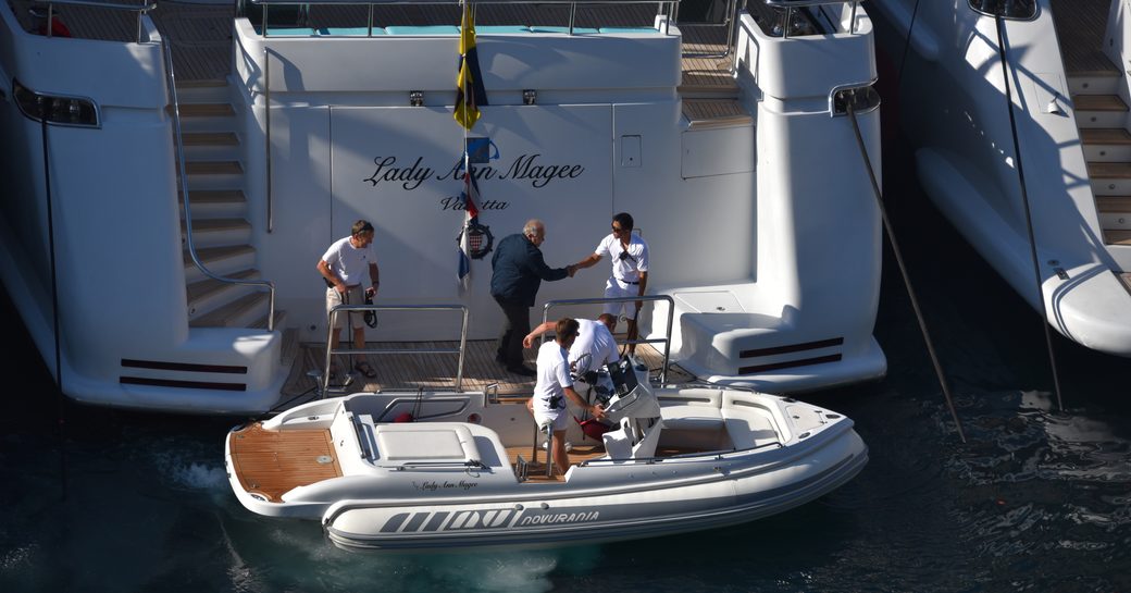 Guests disembarking their tender at the Monaco Grand Prix