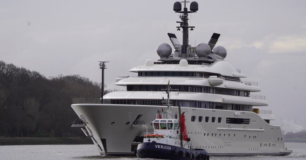 exterior glance of the 160m mega yacht BLUE leaving for sea trials 
