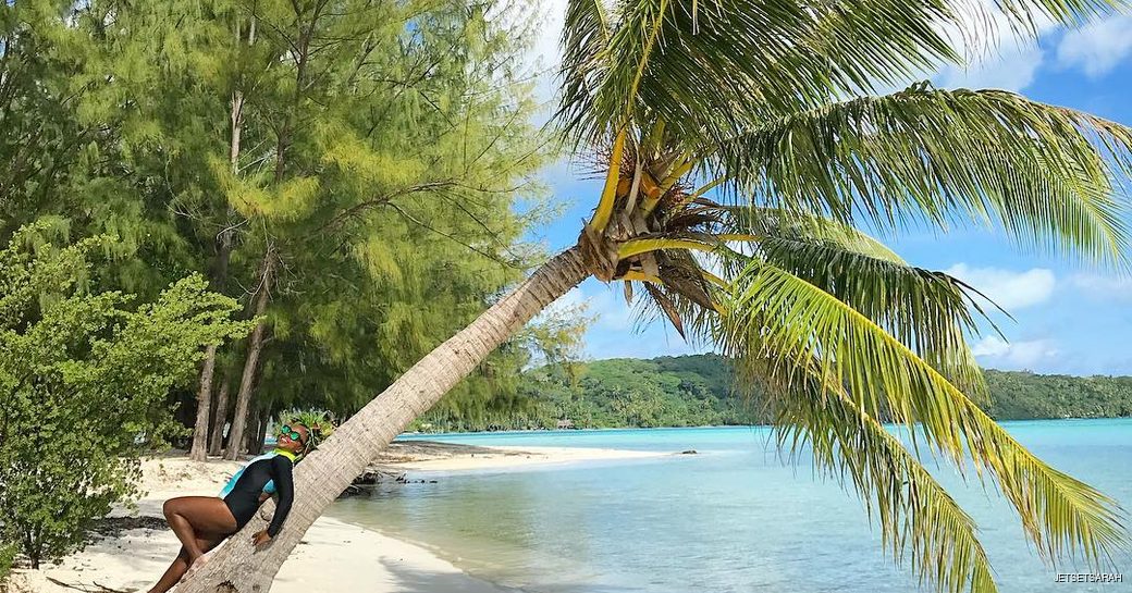 woman leaning on a palm tree on the private island of Motu Tapu in Bora Bora