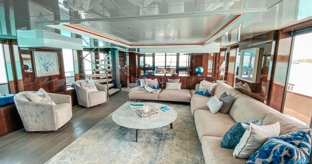 Interior of superyacht OCULUS with light colored furnishings