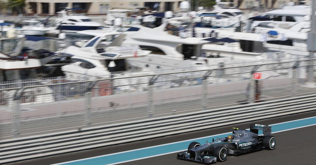 Car racing along on track during Abu Dhabi GP 