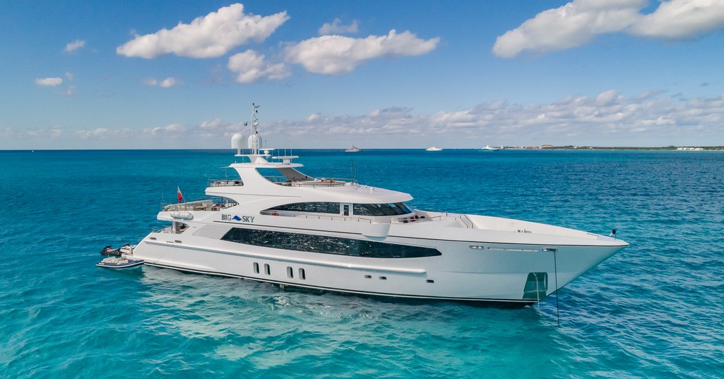 Luxury yacht Big Sky at anchor in the Caribbean 