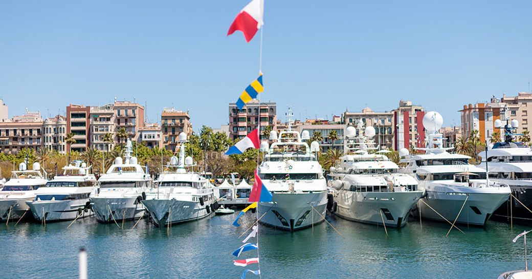 Yachts lined up at the MYBA Charter Show in Barcelona
