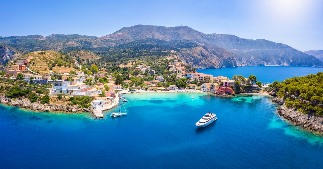Overhead view looking down over the coastline of Kefalonia, Greece