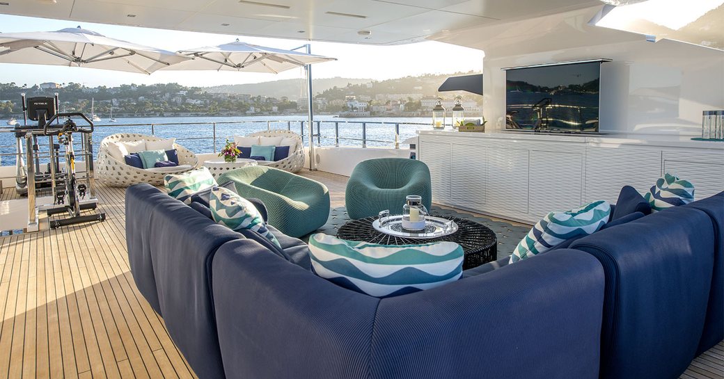 sundeck with sofa seating on yacht PETRATARA with tv screen 