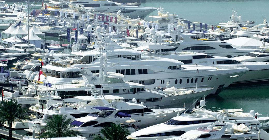 Many motor yachts berthed at the Dubai International Boat Show