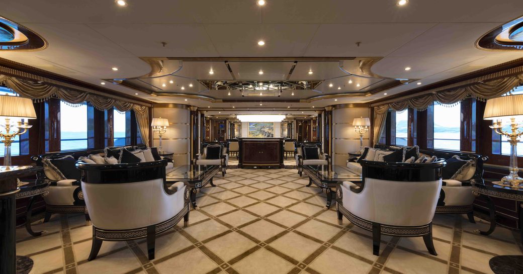 Opulent main salon with seating on board motor yacht Mine Game