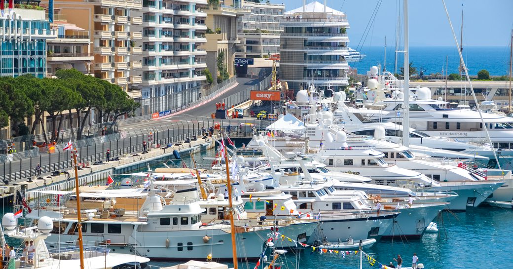 Superyachts along the marina at the 2019 Monaco Grand Prix