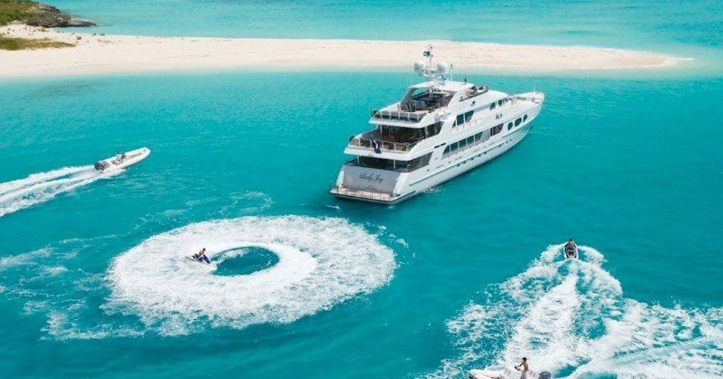 superyacht Lady Joy anchors in the Bahamas as water toys get are launched on a Bahamas yacht charter