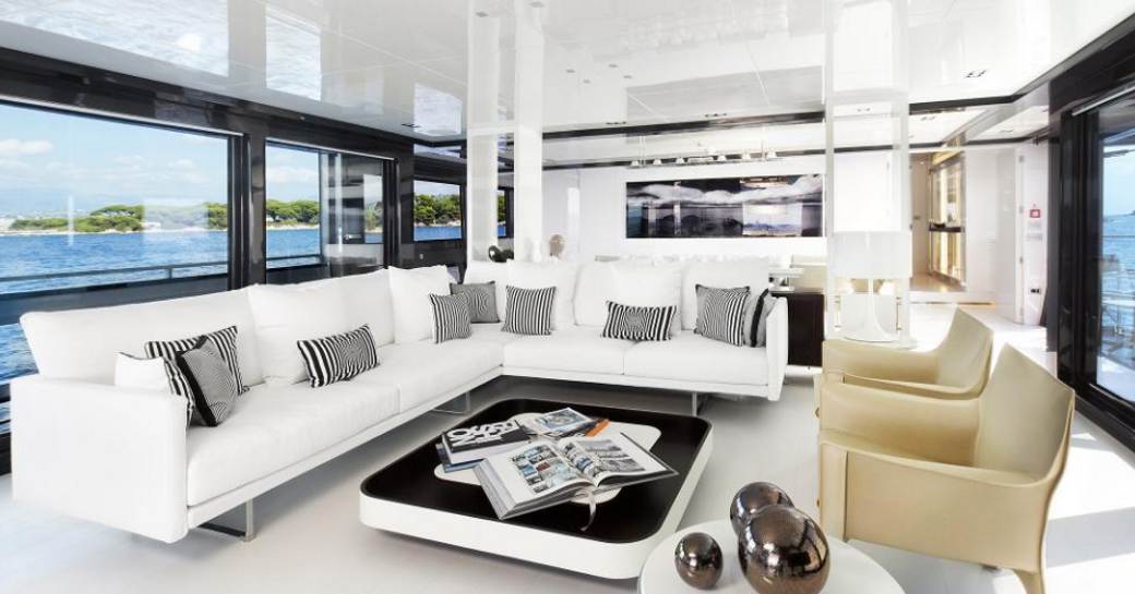 modern and monochrome main salon of superyacht JURATA 