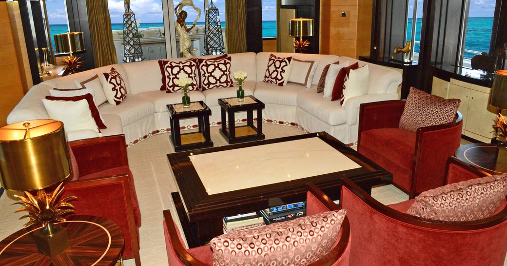 opulent main salon on board luxury yacht ‘Lady Sheridan’