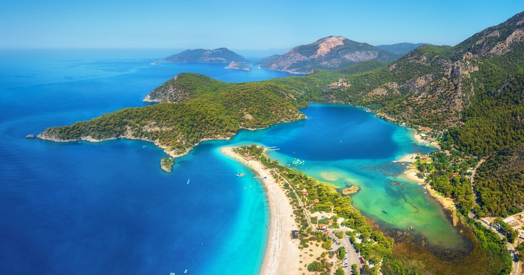 Aerial image of beach and lagoon in Turkey, an ideal charter destination