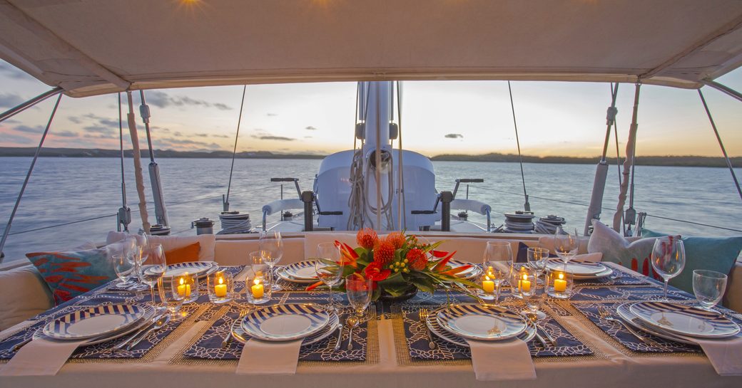 alfresco dining set up in cockpit of sailing yacht JUPITER
