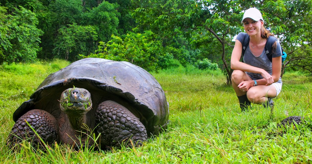 Female trekker with giant tortoise in the Galapagos