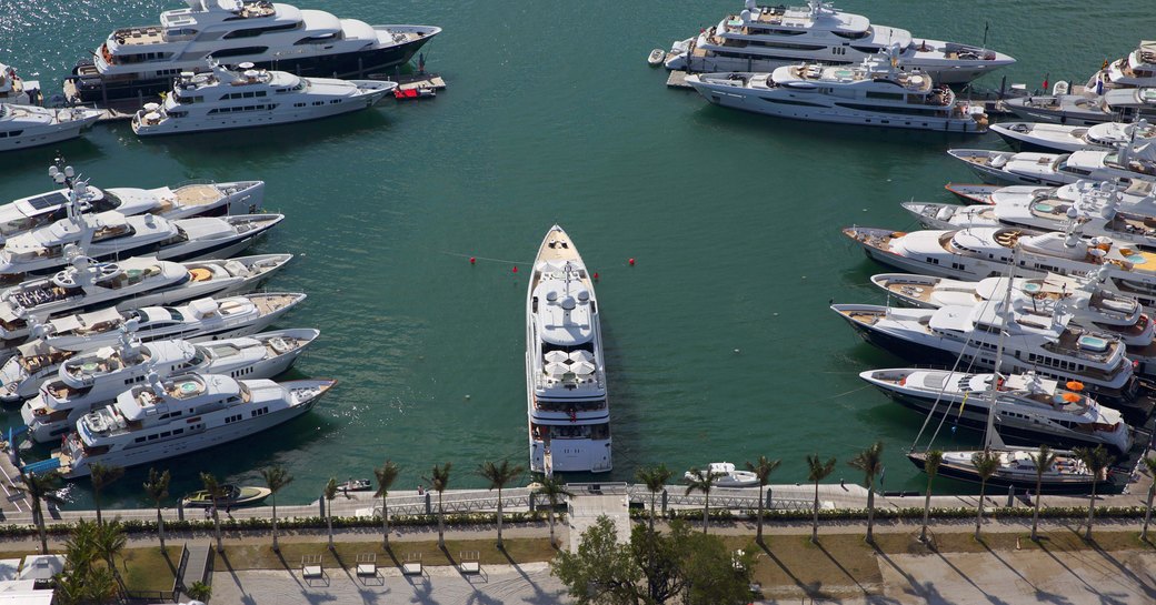 super yachts line up for Superyacht Miami on Watson Island