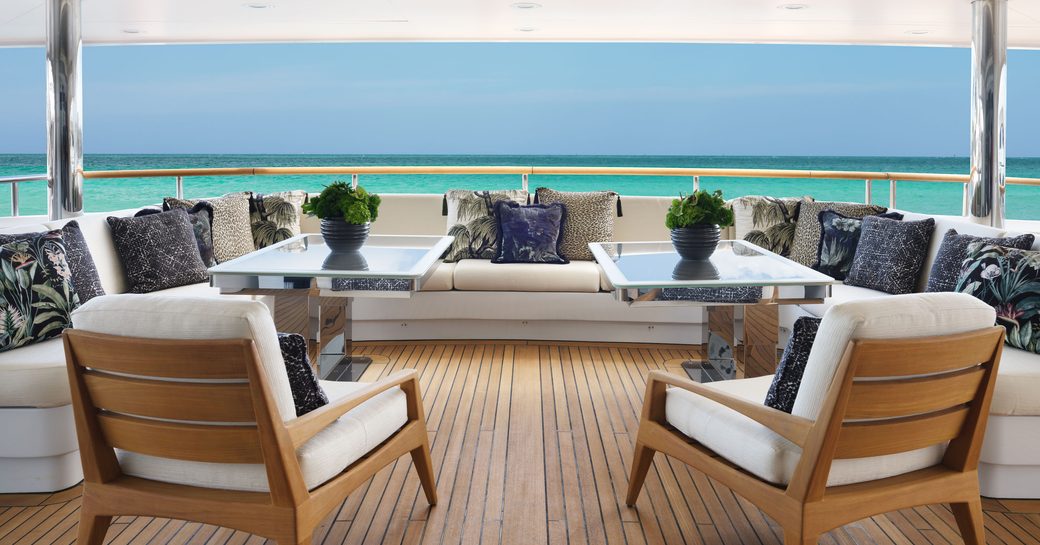 Alfresco lounge area on the sun deck onboard charter yacht GALAXY 