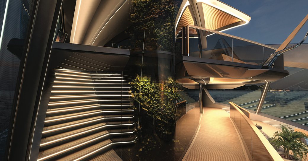 Close up rendering of the aft steps onboard charter yacht THIS IS IT