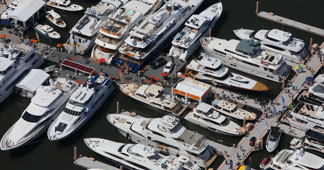 Overhead view of superyachts berthed at Palm Beach International Boat Show.