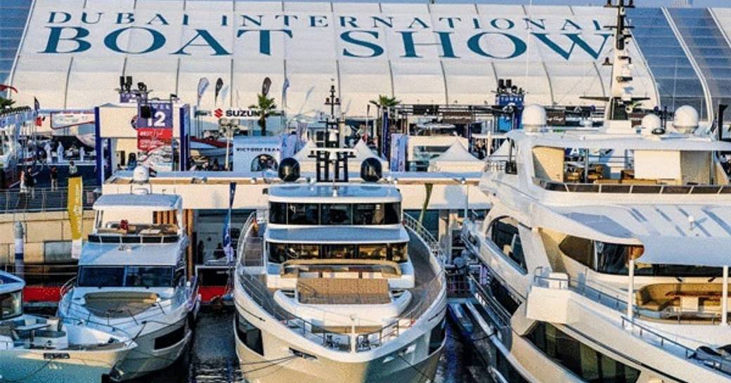 yachts lined up at the dubai international boat show 2022