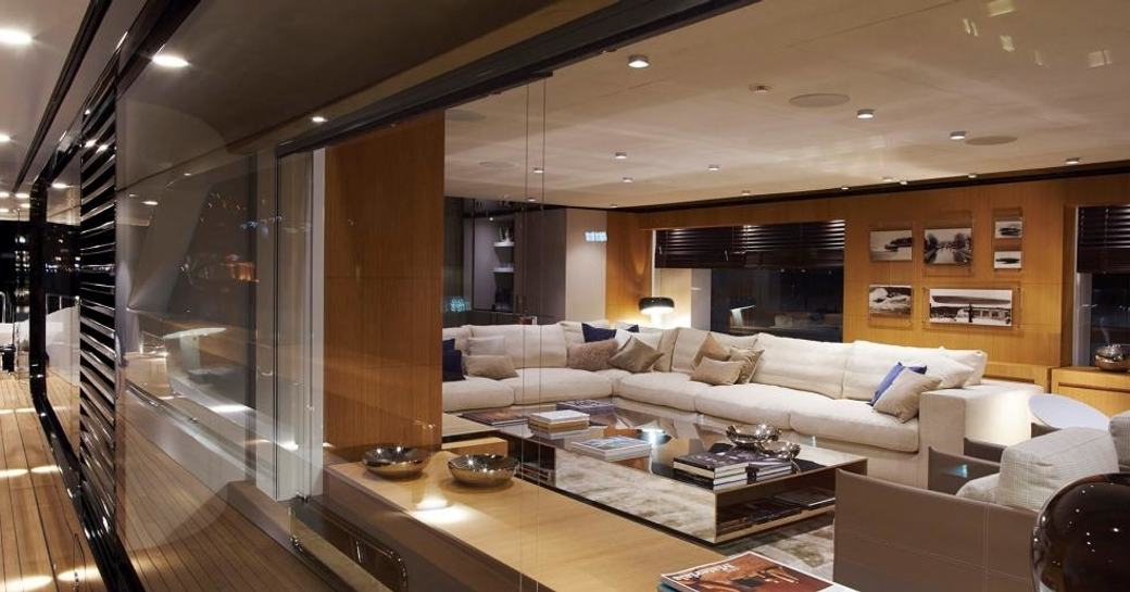 contemporary styled main salon with large lounge aboard superyacht ‘Mr T’