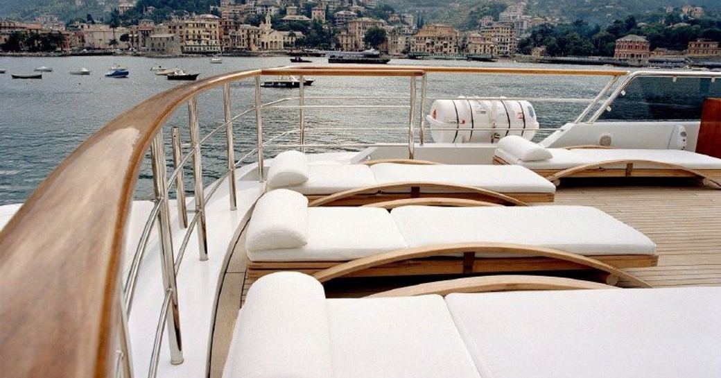 Sun loungers on the sun deck of superyacht Eleni